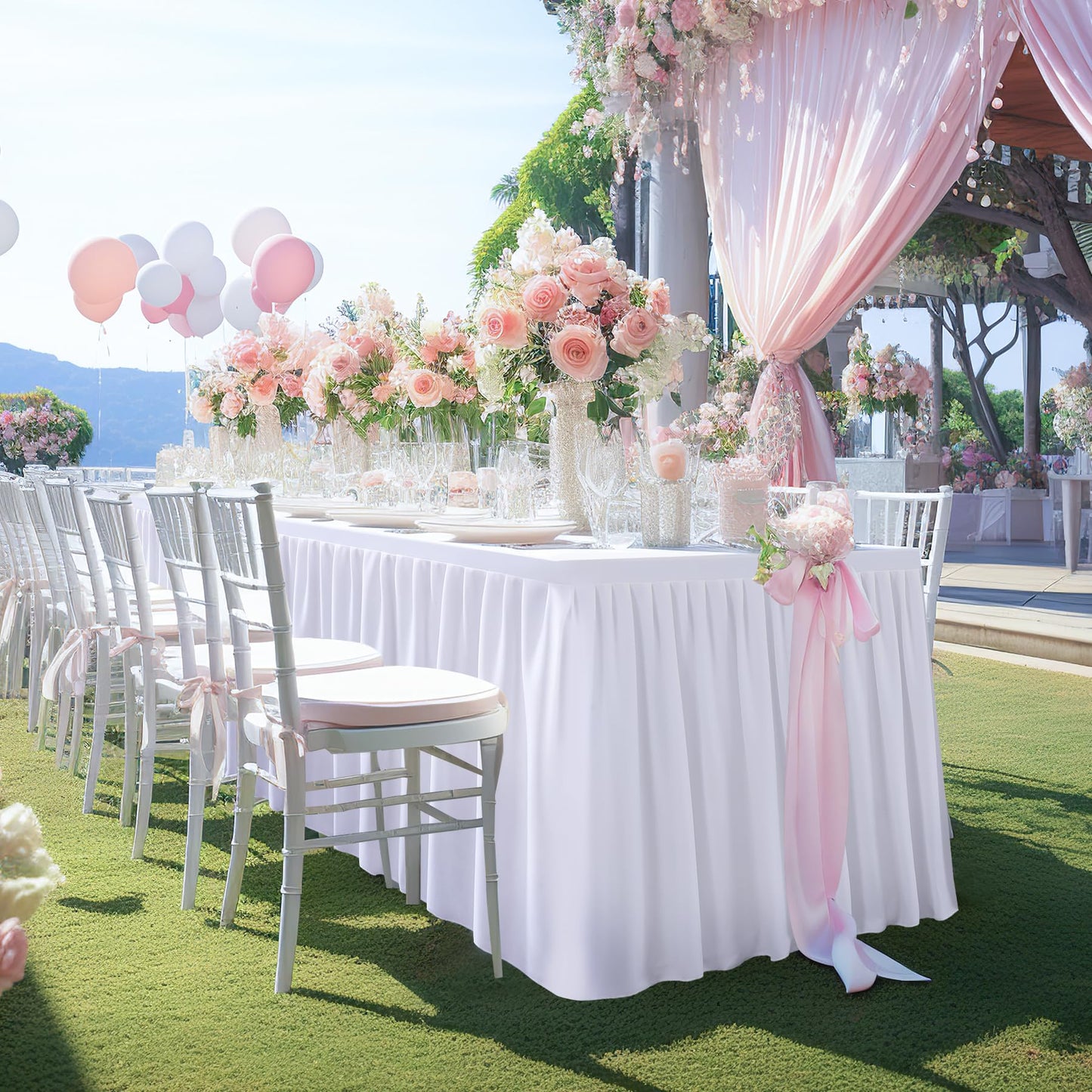 Party Talk White Polyester Table Clothes for 4 Foot Rectangle Tables, Wrinkle Free Fitted Table Cover 4ft Stretch Tablecloths with Skirt for Parties Weddings Birthday Banquet Baby Shower