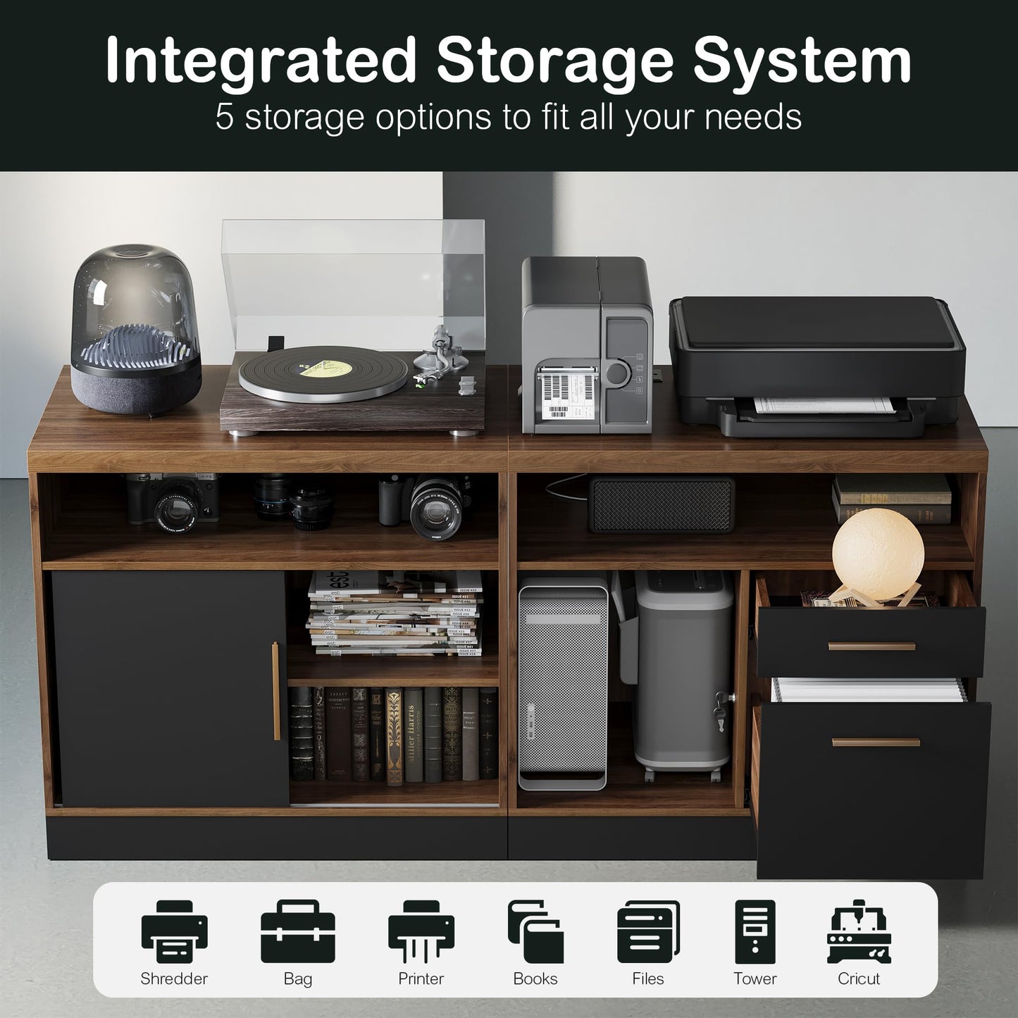 ModernMate 67" L Shaped Standing Desk, Electric Adjustable Height Executive Workstation for Home Office, File Cabinets, Built-in Outlets, Engineered Wood 1.18" Desktop, Alloy Steel Base, Black Walnut