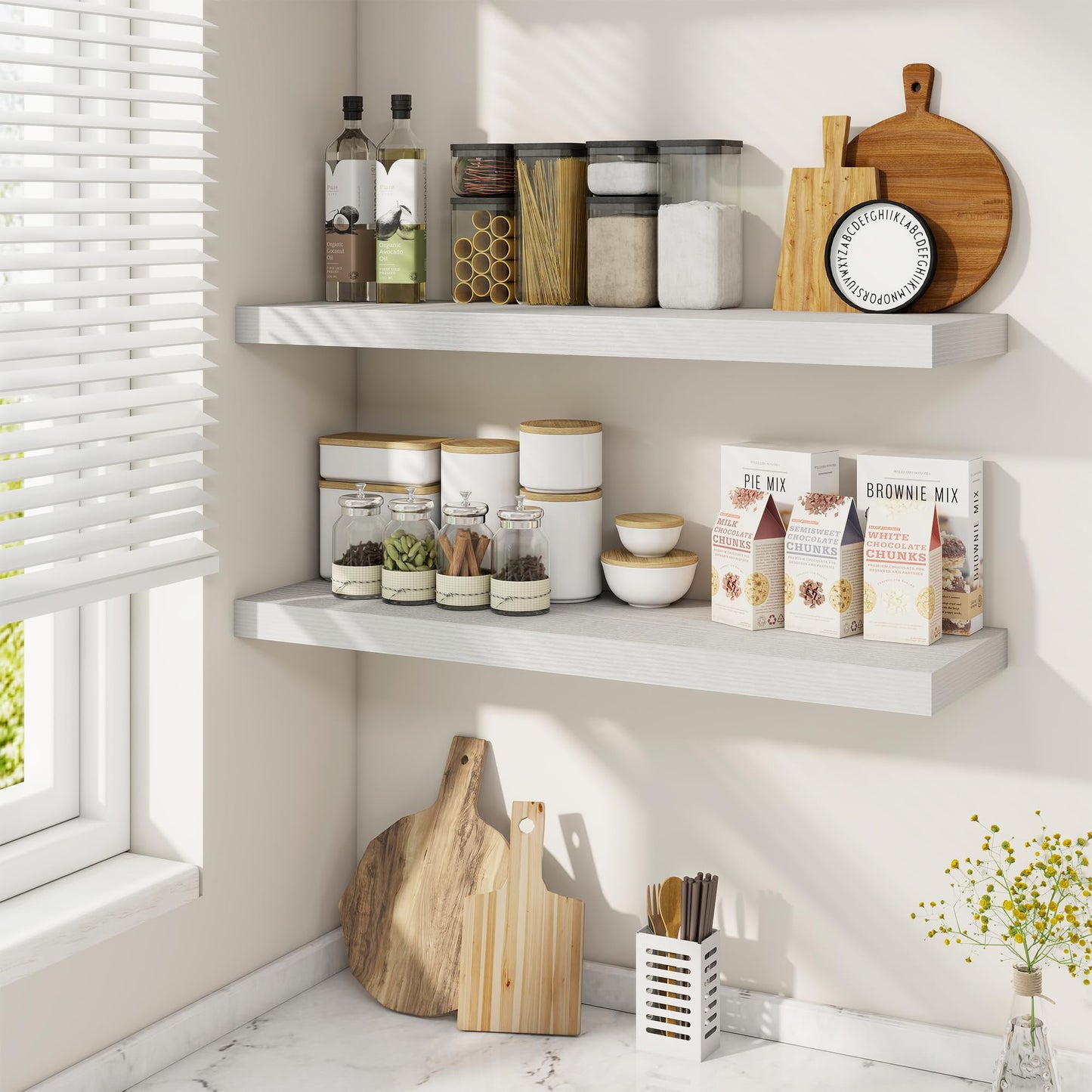 Fun Memories 9.3Inch Deep Floating Shelves for Wall, 32 Inch Rustic Wood Wall Mounted Shelves for Bathroom, Bedroom, Kitchen, Deep Floating Shelf for Storage & Home Decor (White, Set of 2)