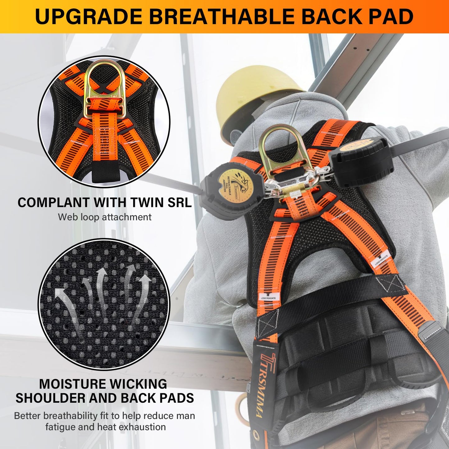 Trsmima Safety Harness Fall Protection - Roof Full Body Harness Men Construction Work Ergonomic Pad Safety Belt Tongue Leg Buckle Quick Connected Chest Buckle