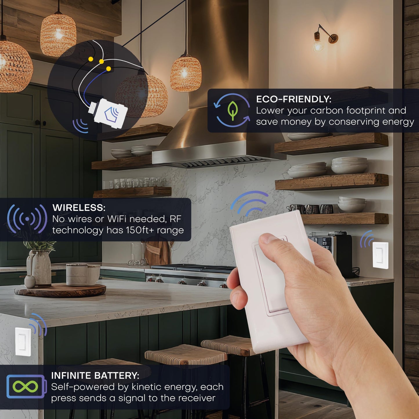 RunLessWire 4-Way Battery-Free DIY Wireless Light Switch Kit 150ft RF Range Self-Powered by Kinetic Energy for Hallways & Stairways: 3 Remote Switches Control 1 5A On/Off Receiver White