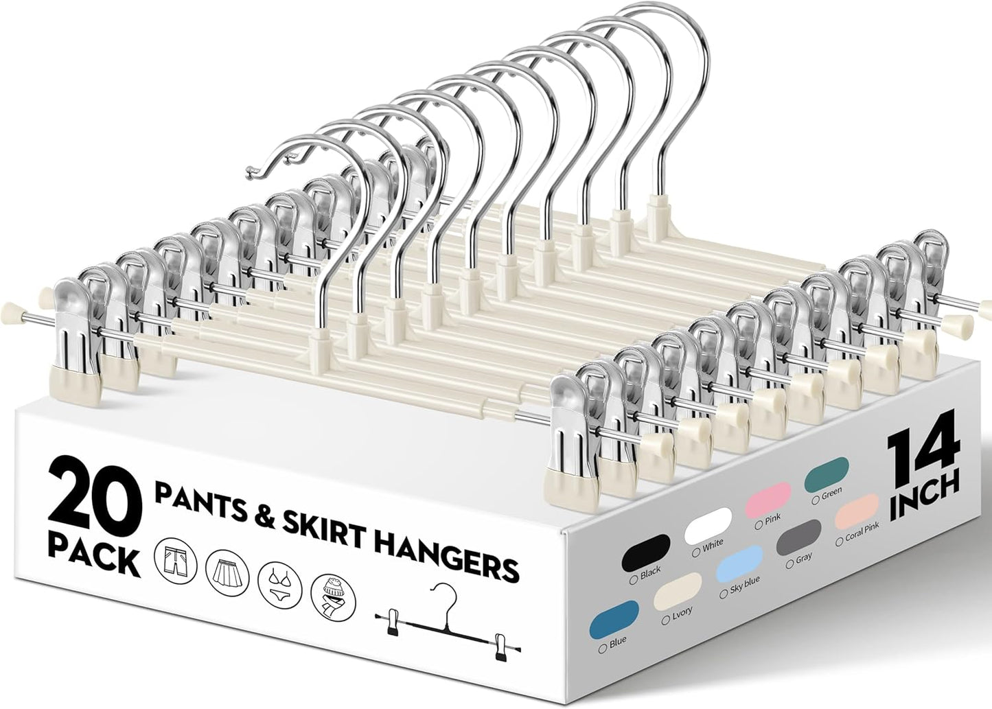 Skiennix 14-Inch Pants Hangers - Adjustable Metal Clips for Non-Slip Skirts & Trousers | 20-Pack