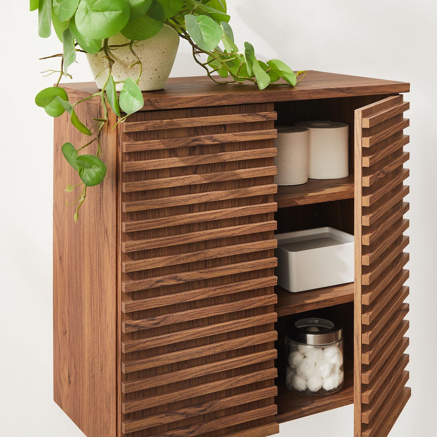 Modway Render Wall Mounted Bathroom Cabinet in Walnut - 23.5 Inch Compact Wall Storage with Slatted Doors and Adjustable Shelves for Bathroom or Laundry Room