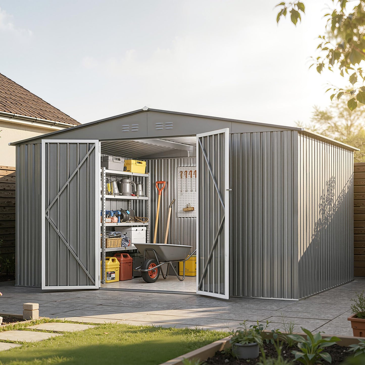12 x 10FT Sheds & Outdoor Storage, Grey Metal Waterproof Storage Shed with Door and Lock Outdoor Shed,All-Weather Shelter for Bike, Gardening Tools, Lawn Mowers