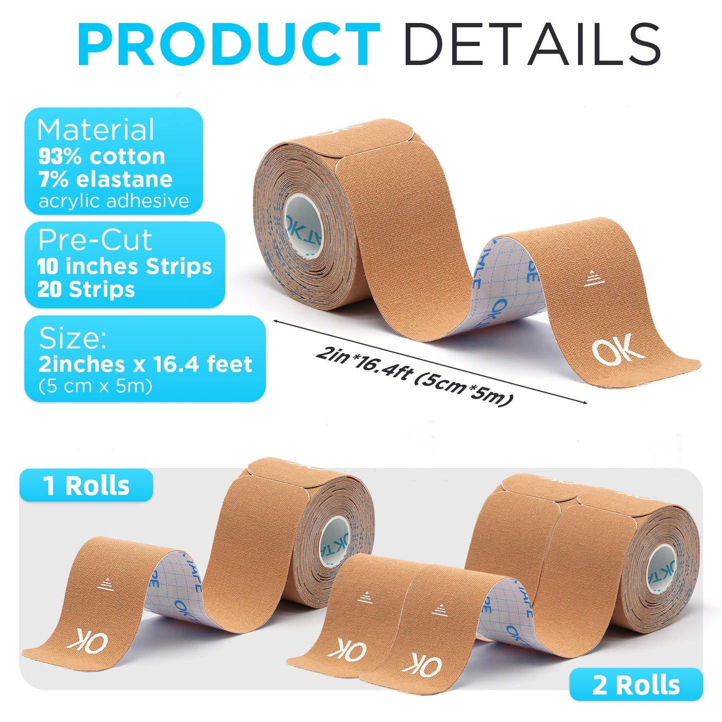 OK TAPE Kinesiology Tape 10 inches Precut, 20 Strips, Cotton Elastic Athletic Tape Latex Free, 2in x 16ft, Light Blue