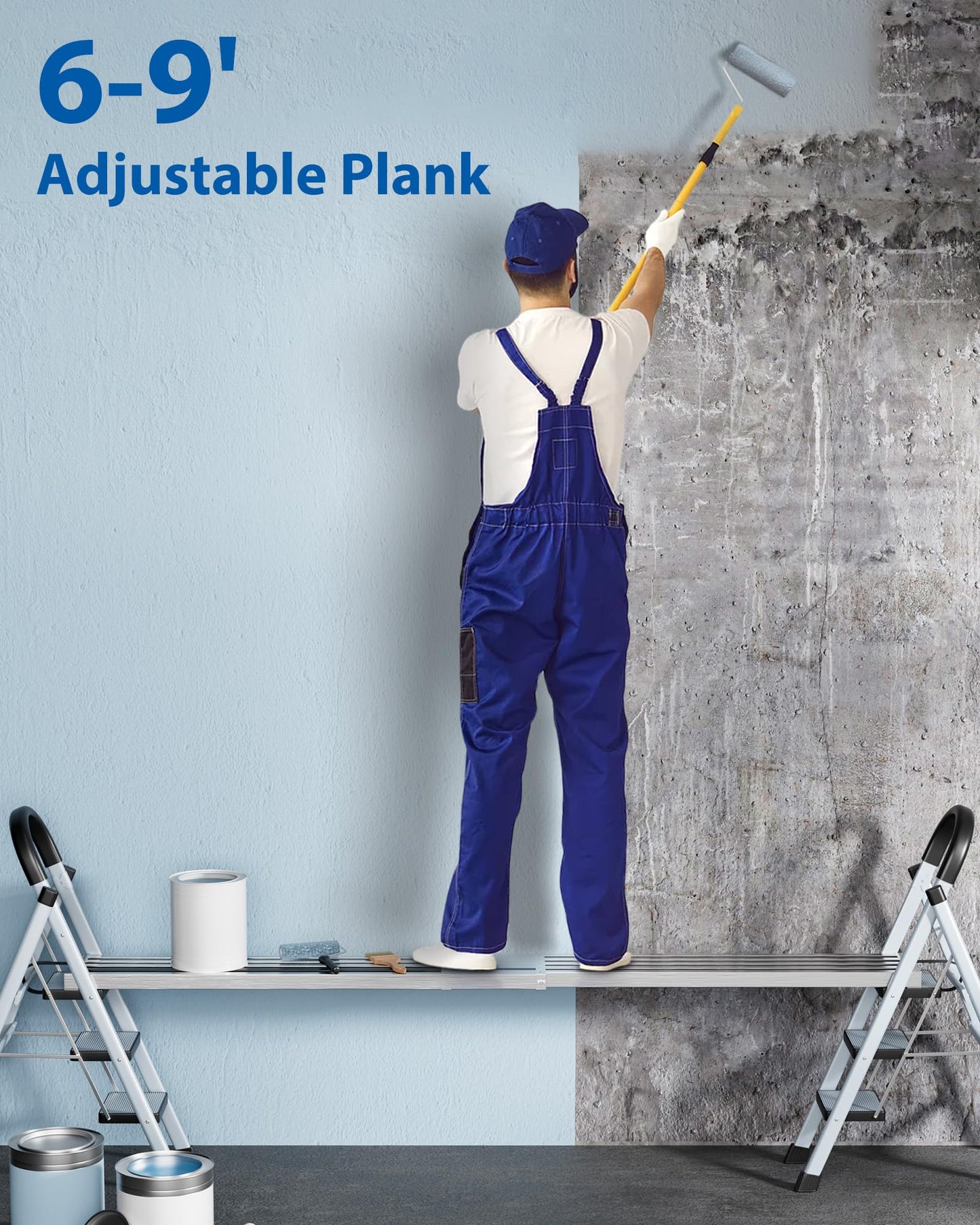 LALFPET Heavy-Duty Telescoping Aluminum Work Plank for Ladders – 6-9ft Adjustable, Anti-Slip Scaffolding Board, 440lbs Capacity, 12.5" Wide, Silver, Telescopic Size 6-9ft