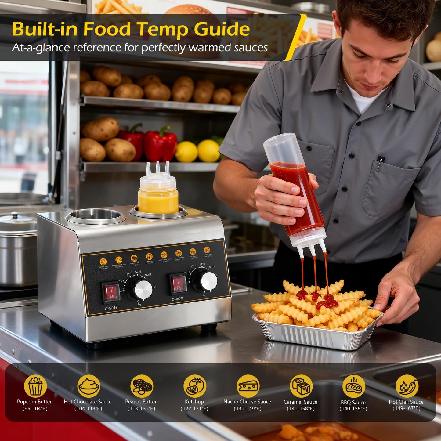 Dyna-Living Electric Sauce Warmer - 500W Nacho Cheese Warmer Dispenser with Removable Storage Rack, Commercial Sauce Bottle Warmers for Hot Fudge Ketchup Chocolate Cheese with 650ml Squeeze Bottle*2