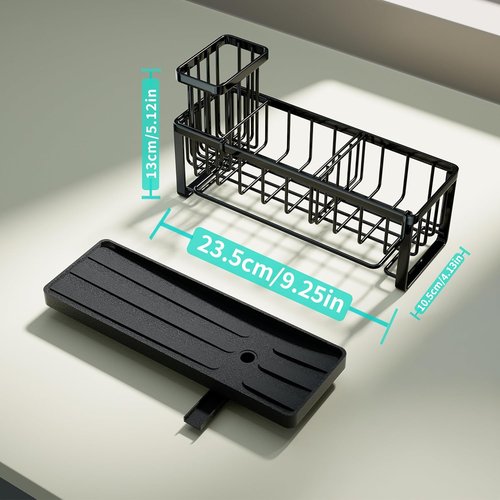 HapiRm Sponge Holder - Self-Draining Kitchen Sink Caddy with Brush & Dishcloth Holders | Stainless Steel - Black