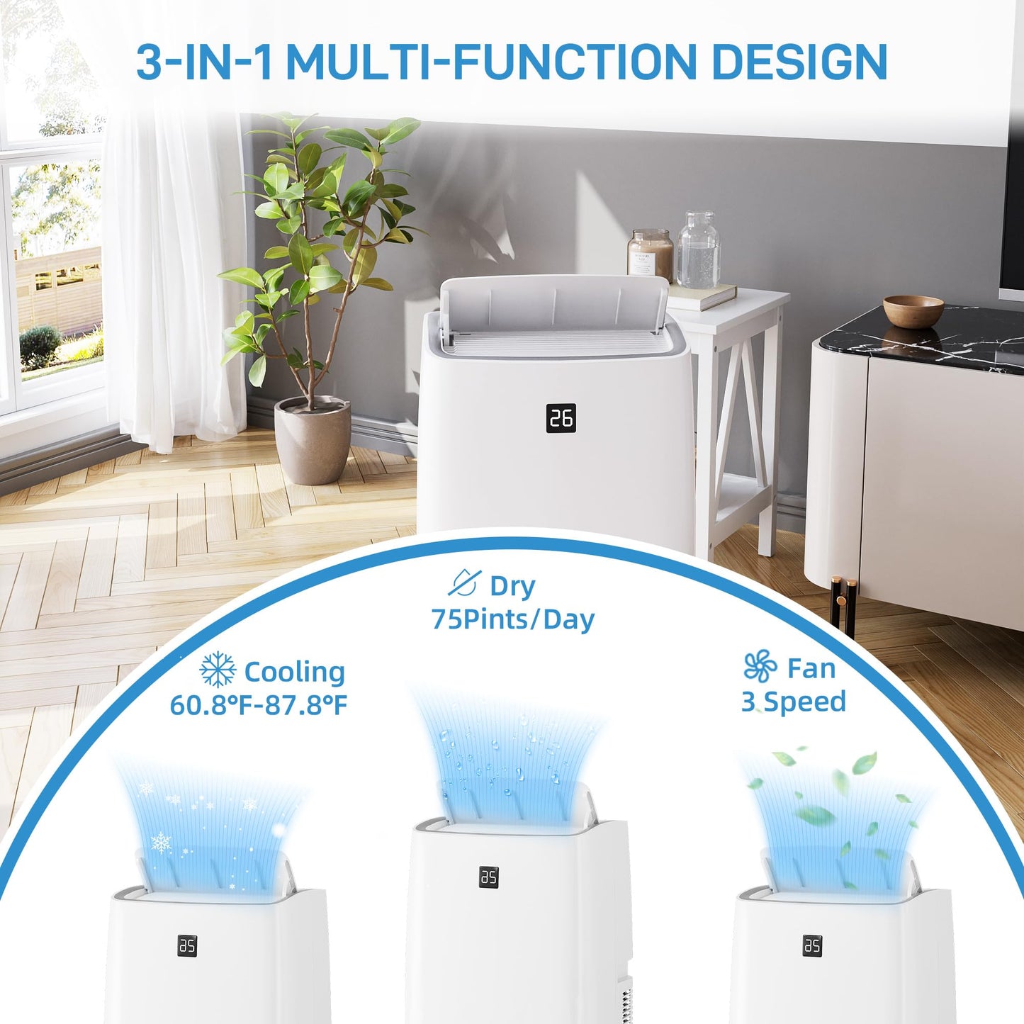 Portable Air Conditioners 14,000 BTU, Portable AC Unit for Bedroom and Office, 400m³/h Cooling for 750 Sq. Ft, Drain-Free Technology with 75-Pint Dehumidification, Includes Remote & Mount Kit, White