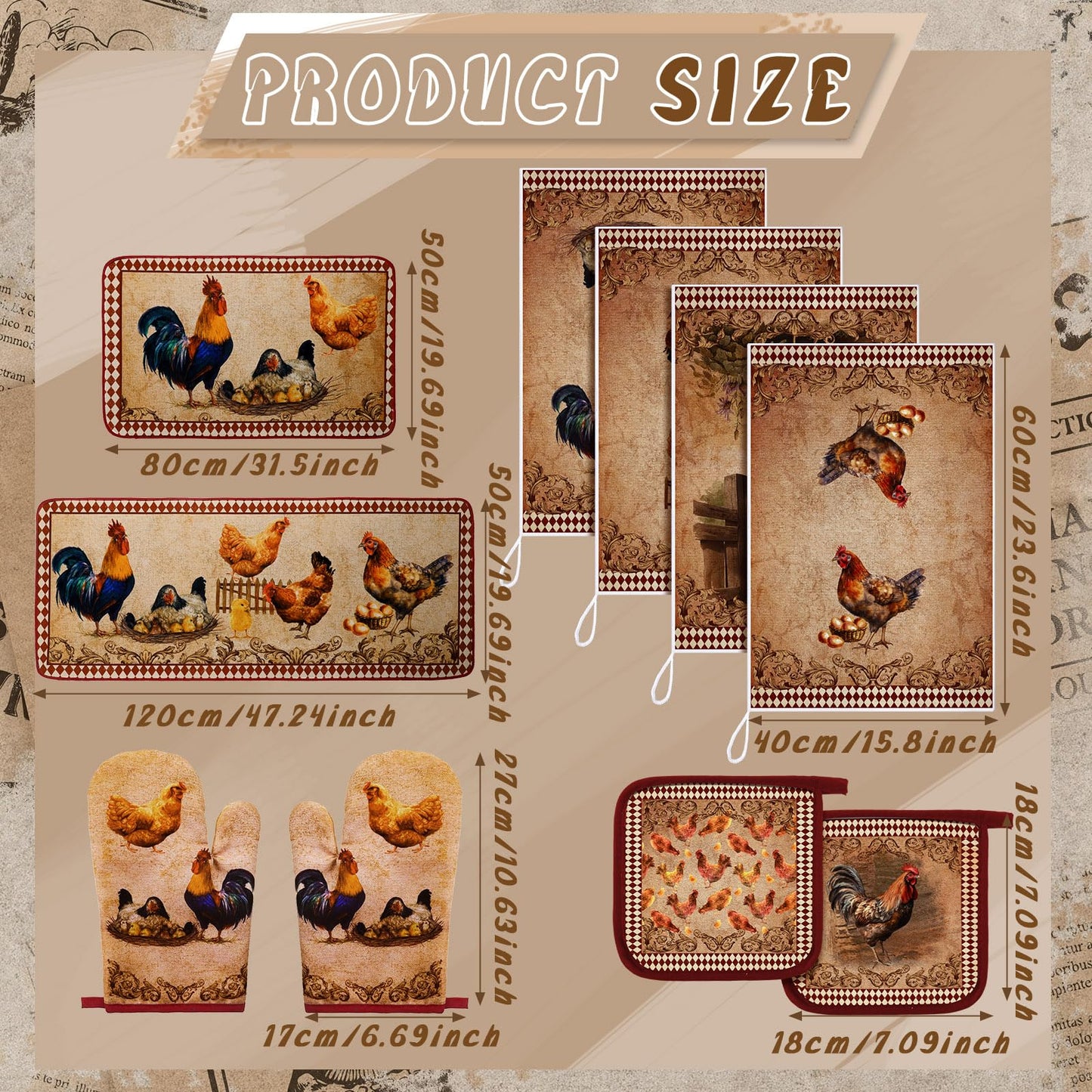 Fourluoo 10 Pcs Rooster Chicken Kitchen Dish Towels Rugs Oven Mitts and Pot Holders Sets Farmhouse Rustic Rooster Kitchen Decor Set for Cooking Baking Grilling Women Mom Gift(Brown)