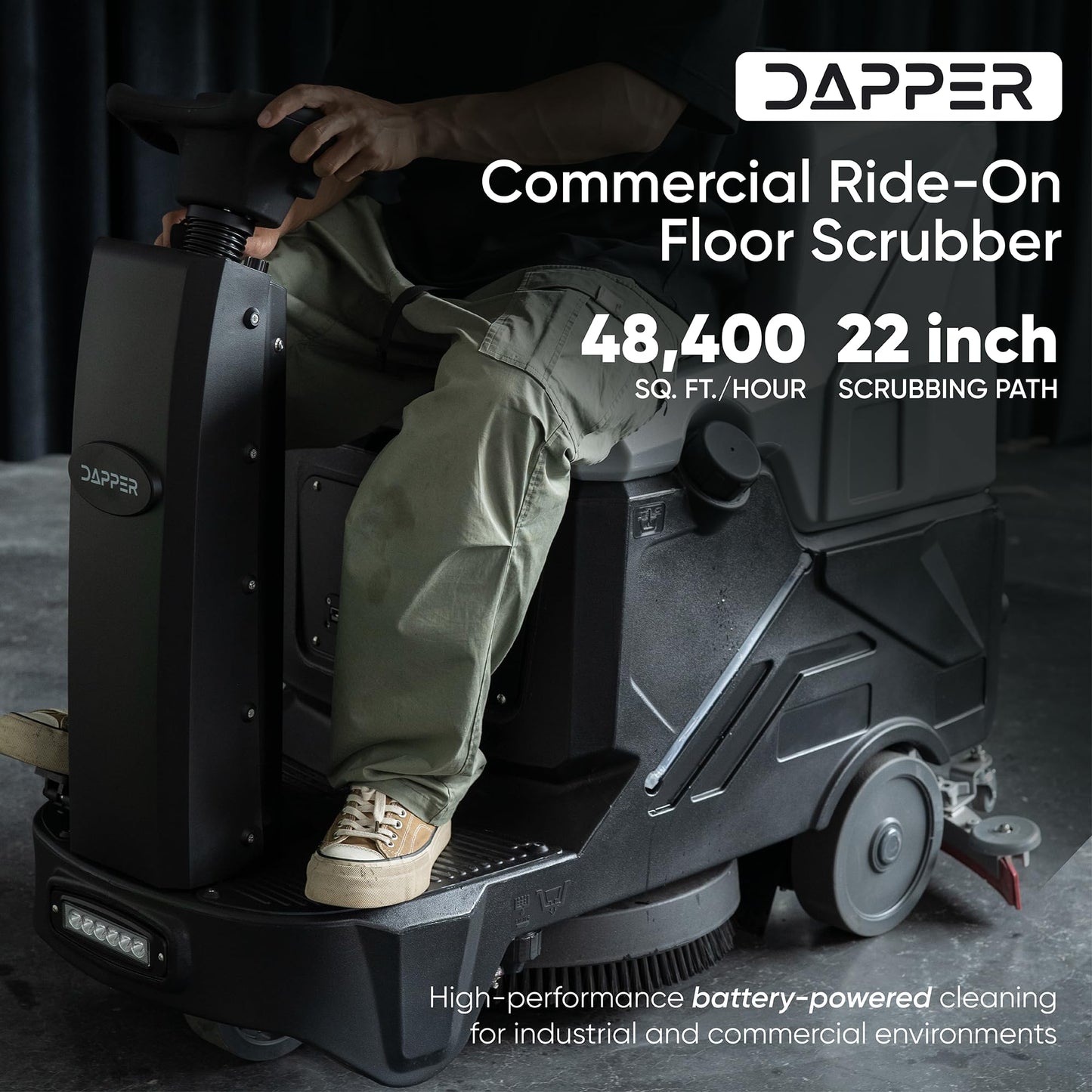Battery Powered Ride-On Commercial Floor Scrubber Machine, 22" Brush, 31.5" Squeegee Width, 19 gal Solution Tank, 20 gal Recovery Tank, 5 hr Use 7 hr Charge, 200 RPM, 48,400 Sqft/H, Batteries Included