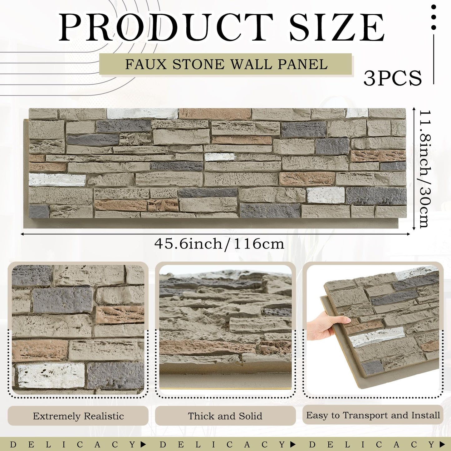 Maasechs 3 Pack Faux Stone Panels Interior 45.6''l x 11.8''h x 0.98''d Faux Siding Panels Exterior Artificial 3D Veneer for Wall Decor Outdoor Home Improvement Projects (PU,Light Gray)