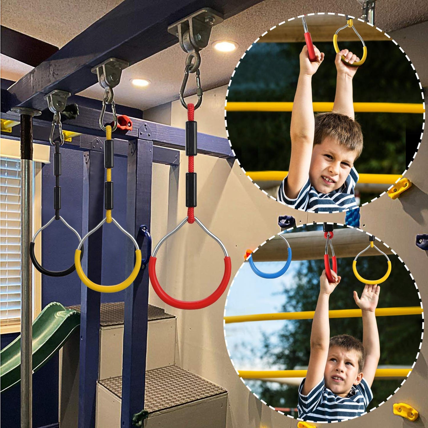 PELLOR 4-Pack Colorful Ninja Rings -Gymnastic Rings, Ninja Slackline Obstacle Course Accessories, Backyard Playground Training Equipment Play Set for Kids Adult