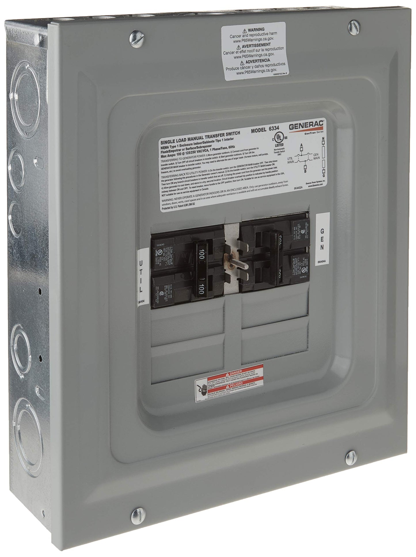 Generac 60-Amp Manual Generator Transfer Switch, Single Load Double Pole, Indoor Backup Power for Portable Generators