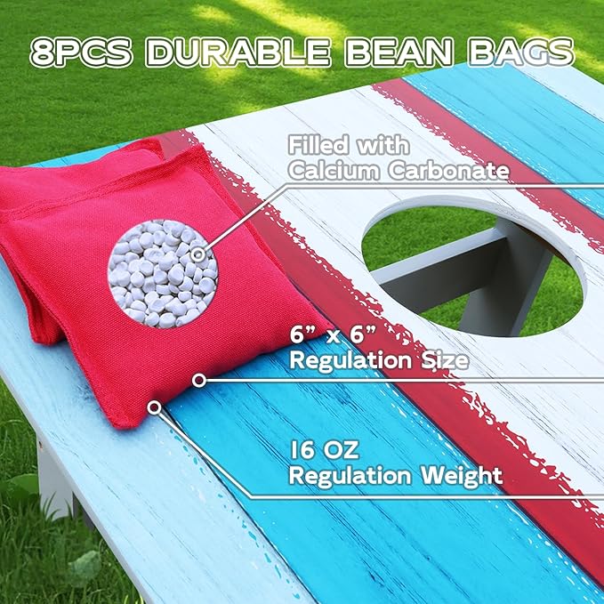 Cornhole Board Set, Regulation Size 4 x 2FT/3 x 2FT Solid Wood Corn Hole Game Set with 8 Bean Bags,2 Cornhole Boards and 1 Carry Bag for Outdoor Beach Toss Games Competitions