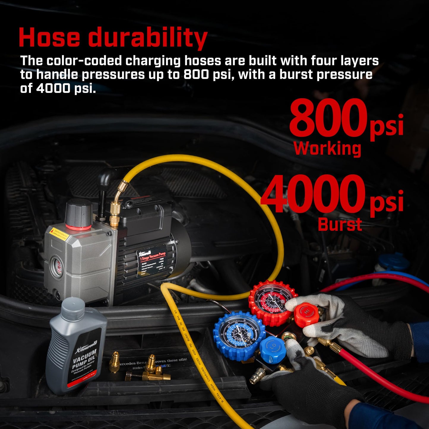 XtremepowerUS 4.5 CFM AC Vacuum Pump & 1/3HP Manifold Gauge Set HVAC Systems Commercial Use Refrigerant Service Kit with Hoses & Can Taps R134, R22, R410a Gauge