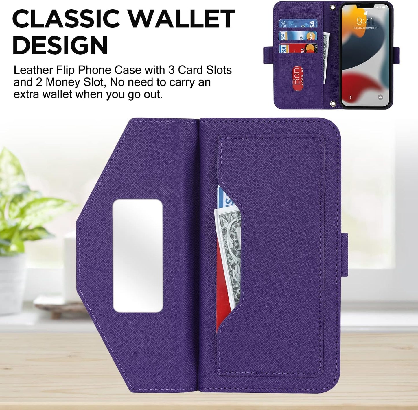 ANSHOW 15 Crossbody Purse Case for iPhone with Leather Wallet & Card Slots, Flip Case with Built-in Kickstand, Long
