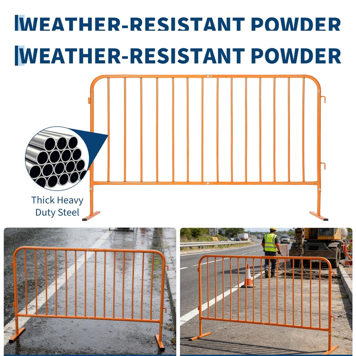 Heavy Duty Interlinked Steel Safety Barricade – Removable Flat Feet, Portable, Weather Resistant, Durable Metal Crowd Control Barrier for Outdoor Events, Construction, Parking, Facility, 8.5FT