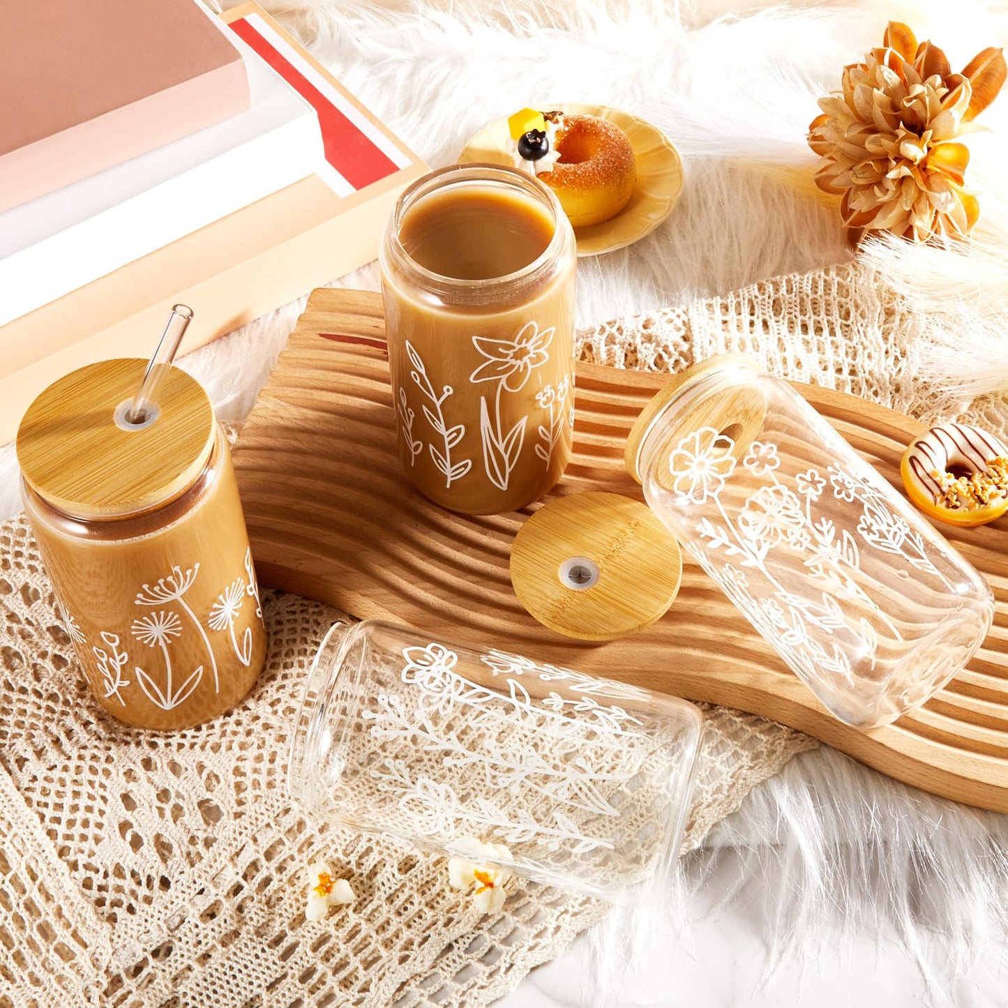 Mumufy 18 Pack Glass Cups Gift Aesthetic Cute Glass Cup Tumbler Flower Iced Coffee Mugs 16 oz with Bamboo Lid & Straw, for Wedding Birthday Bridesmaid Mom Baby Shower