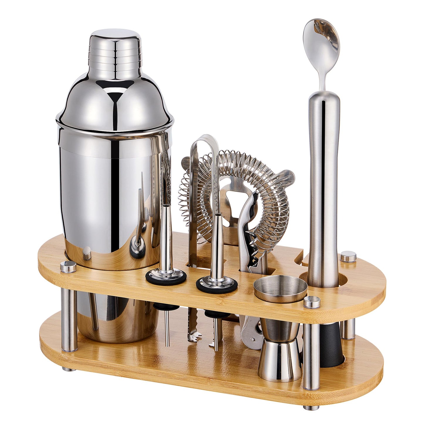 Cocktail Shaker Set Bartender Kit - 11 Pcs Bar Tool Set with Bamboo Stand & All Bar Accessories: Martini Shaker, Strainer,Jigger, Muddler, Mixer Spoon Barware Kit, for Bar, Home Lounge & Party