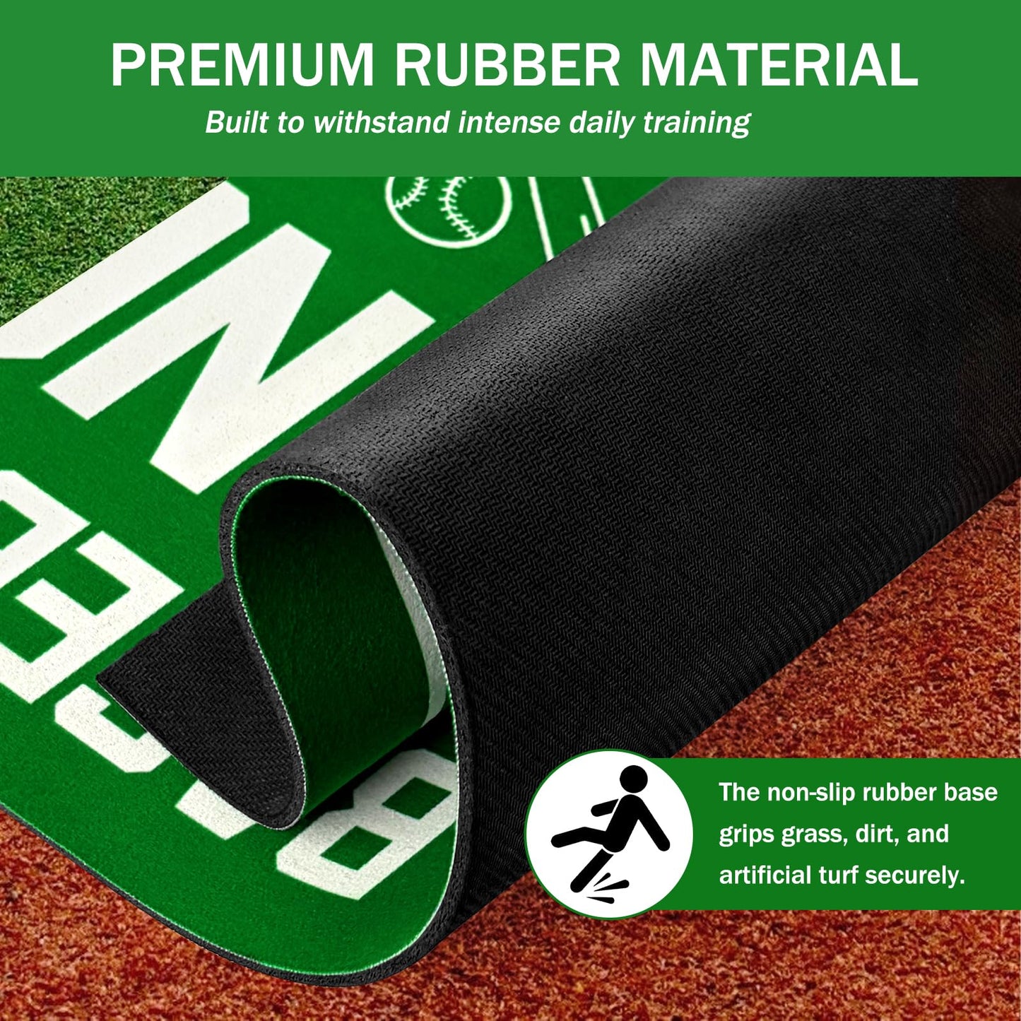 Baseball Training Mat, Baseball and Softball Batter Stance Hitting Mat, Improve Posture, Batting Mat with Toes Facing Place, Silent Anti-Skid, Baseball Training Equipment, 35.4 * 23.6 Inch (Green)