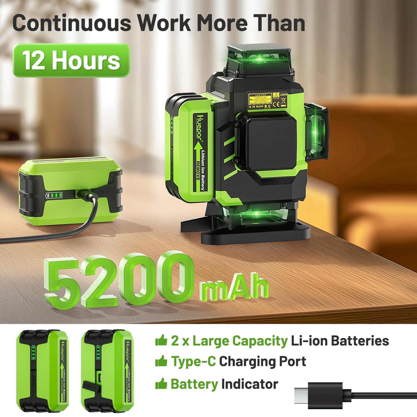 Huepar Laser Level 360 Self Leveling, Rechargeable Green Laser 4x360° Cross Line Lazer Leveler 4D Level Laser Tool for Construction with Two Li-ion Batteries, Magnetic Bracket &Hard Carry Case -LS04CG