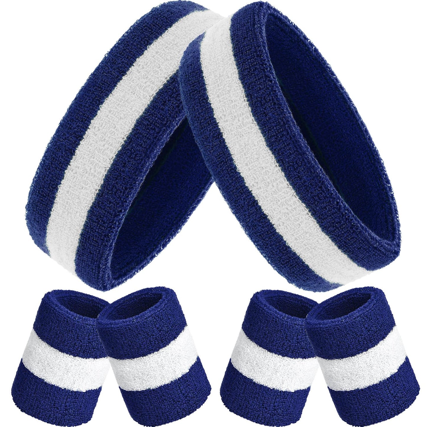 6 Pcs Terry Cloth Sweatbands Set - 2 LGBT Pride Headbands, 4 Rainbow Wristbands for Men, Women, Gym, Sports (Blue and White Striped)