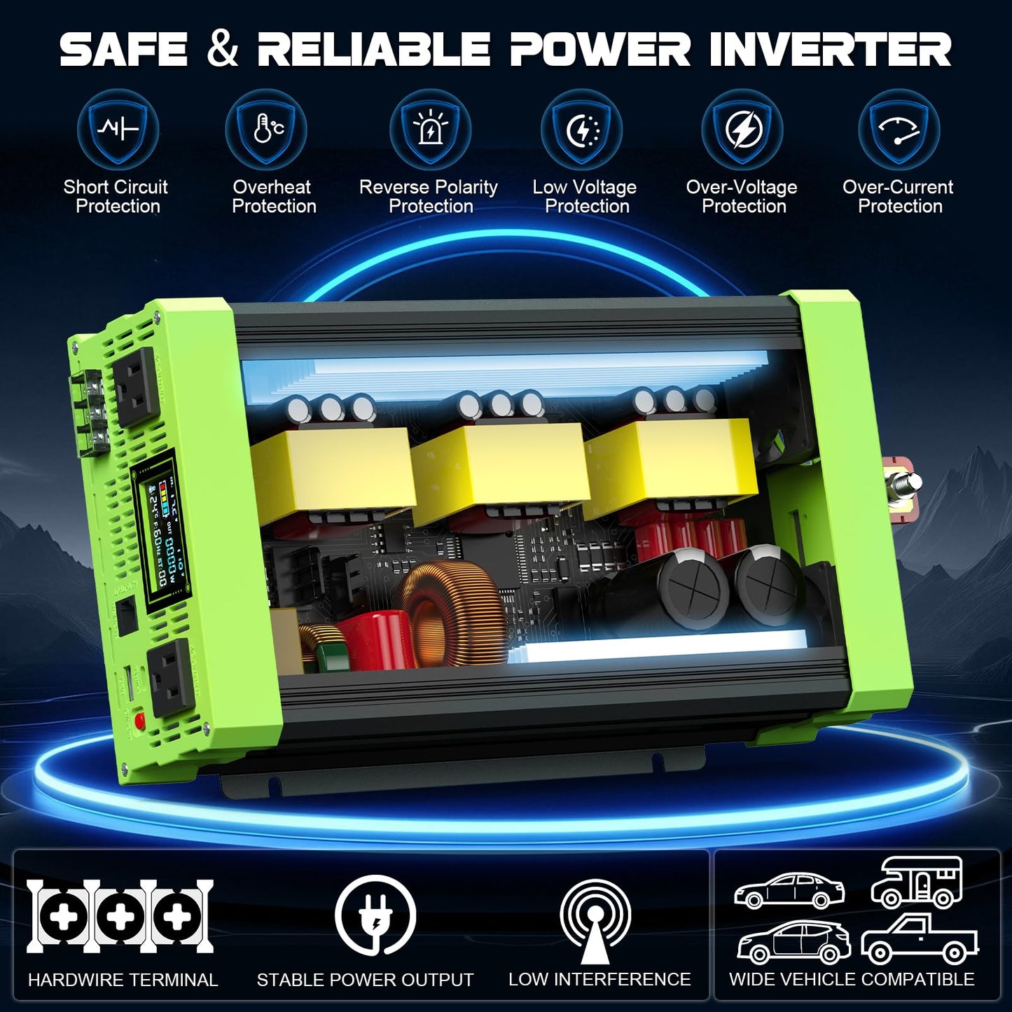 Vansdon 1500W Pure Sine Wave Inverter 12V DC to 120V AC Power Inverters for RV,Truck, Vehicles, Solar, Off-Grid, Car Power Inverter with LCD Display, 2 AC Outlet, 30W USB-C, 5V 2.1A USB, Surge 3000W