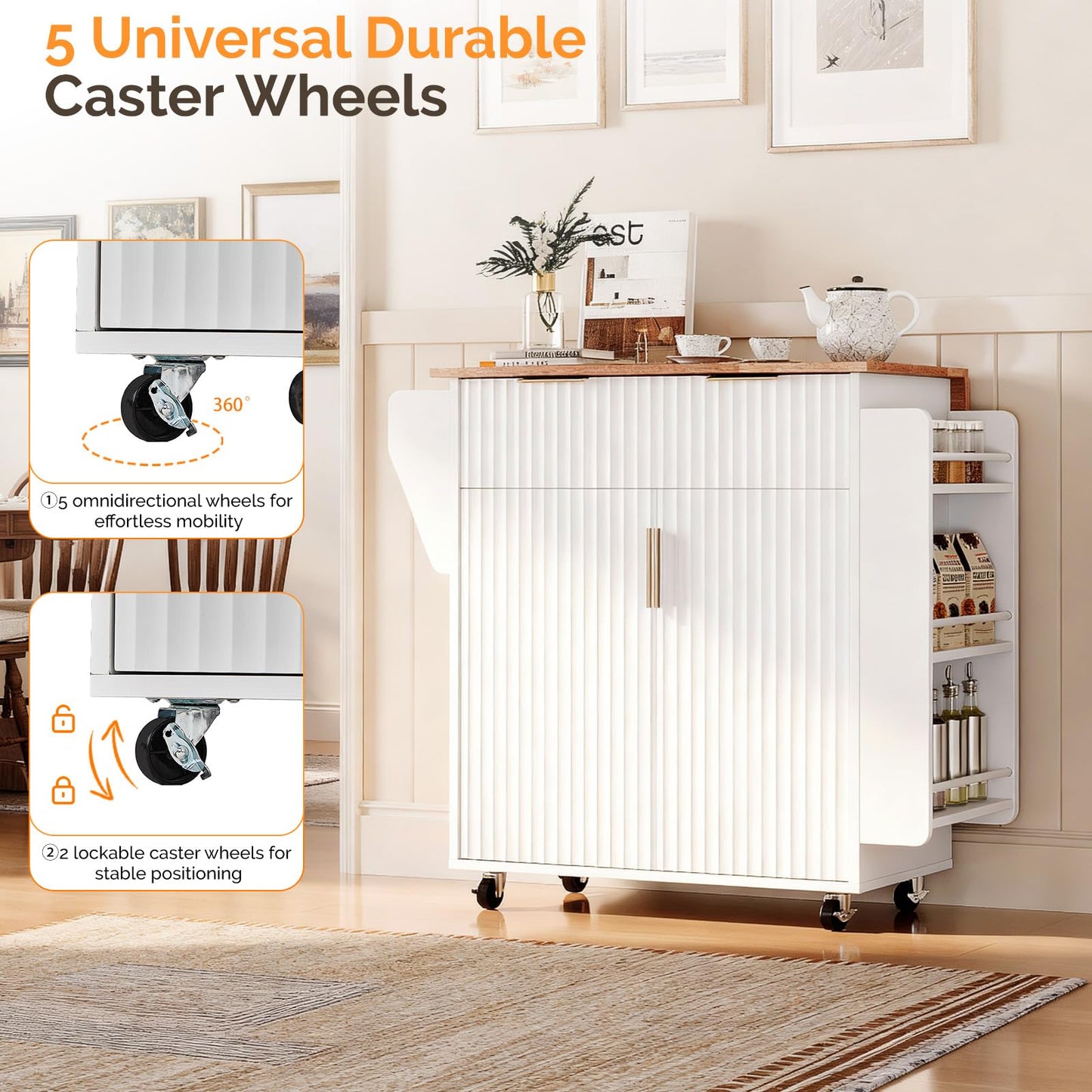 VINGLI Kitchen Island Cart with Storage, Rolling Kitchen Cart on Wheels with Foldable Drop Leaf, 15.35 x 31.15 x 34.45 Inches, Rubber Wood Top, Drawer and Door Cabinet, White