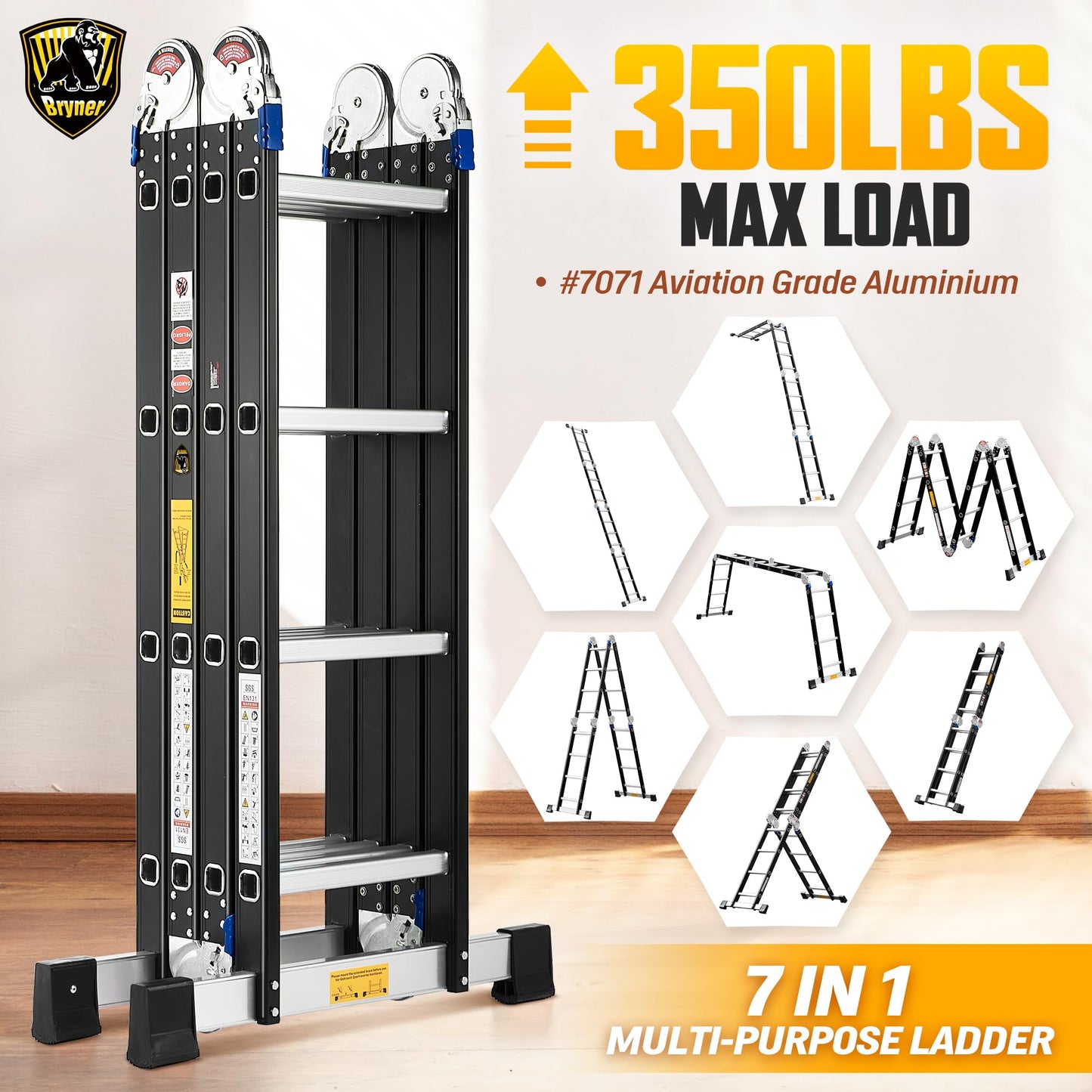 Bryner 7 in 1 Multi-Purpose Ladder Aluminium 14Ft Folding Adjustable Telescoping Step Extension Ladder Meet SGS EN 131 Standard Heavy Duty 330lbs