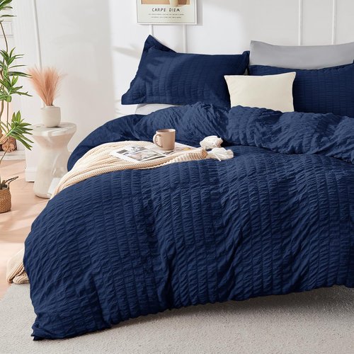HYMOKEGE Queen Comforter Set - Navy Blue & Light Grey Seersucker - 7-Piece All-Season Luxury Bedding Set