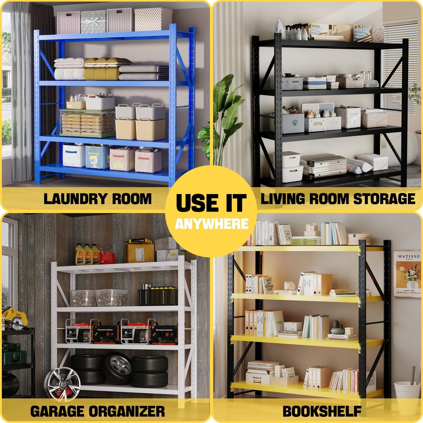 Heavy Duty Warehouse Shelving 4-Tier Industrial Steel Storage Shelves, 2600LB Capacity Per Shelf, Adjustable Shelves for Garage/Factory/Commercial Use (Black, W67*D21.7*H65)