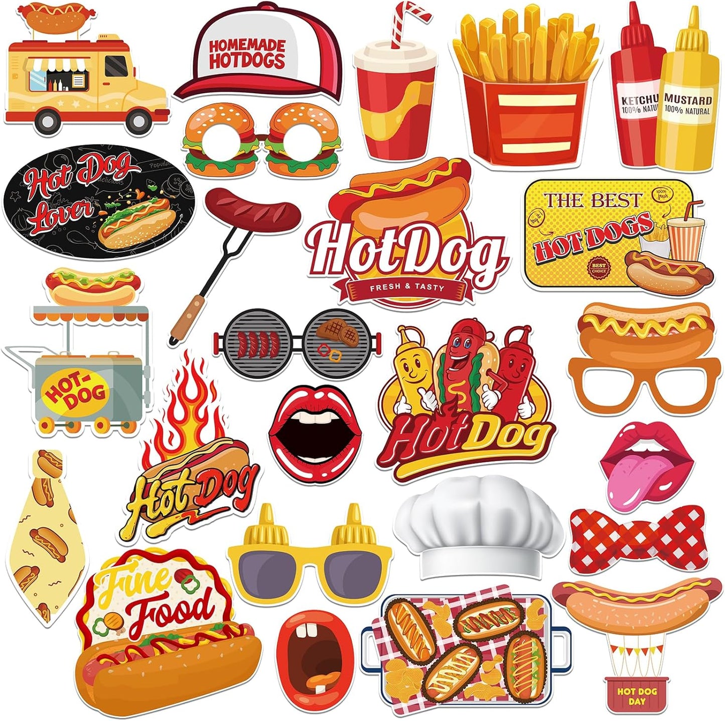 BOBYIYI 25pcs Hotdog Photo Props Hot Dog Party Decorations Hot Dog Bar Fiesta Celebration BBQ Party Fun Food Sausage