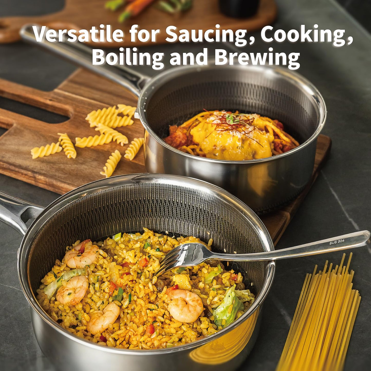 Bakoniion Hybrid Nonstick Saucepan Set of 2 with Lids 1.5 QT and 3 QT, Stainless Steel Honeycomb Pans with Side Pour Spouts,Compatible with All Cooktops,Dishwasher and Oven Safe
