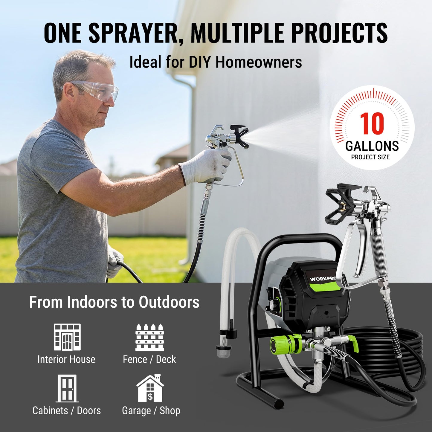 WORKPRO 700W Airless Paint Sprayer, 2900PSI High Efficiency Thinning-Free Electric Paint Sprayer with Extension Rod, Paint Sprayer for Home Interior, Exterior, Furniture, Fence & Ceilings