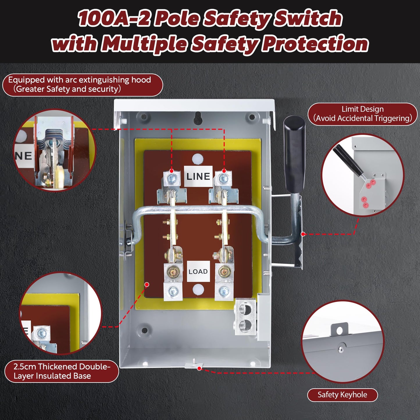 100 Amp Disconnect Switch Box, 120/240V 2 Pole Heavy Duty Safety Switch with Ground, Multi-Safety Protection Design, Non-Fusible, Galvanized Steel Enclosure, NEMA 3R Standards for Indoor and Outdoor