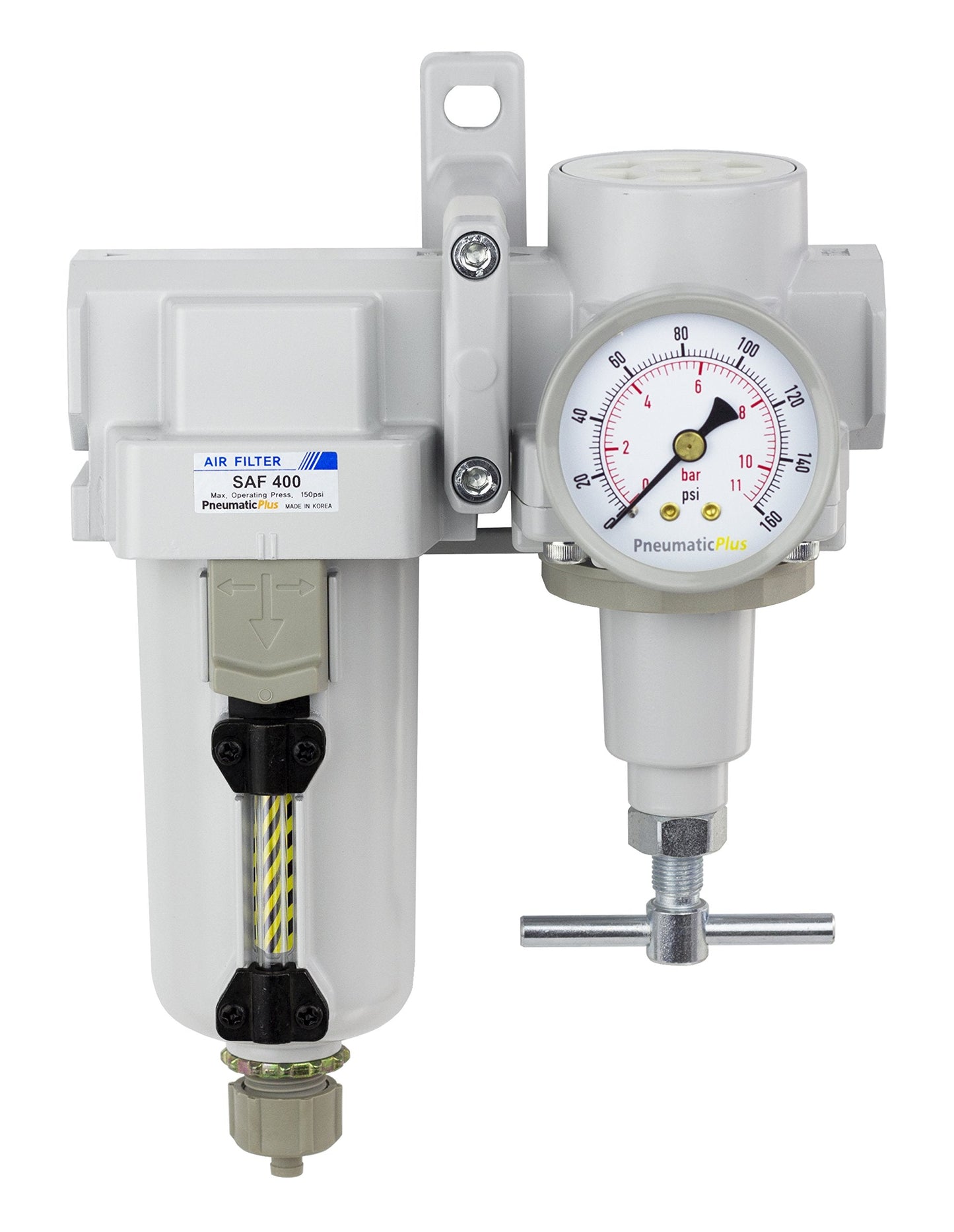 PneumaticPlus SAU420T-N04G-MEP Compressed Air Filter Regulator Combo 1/2" NPT -T-Handle, Manual Drain, Metal Bowl