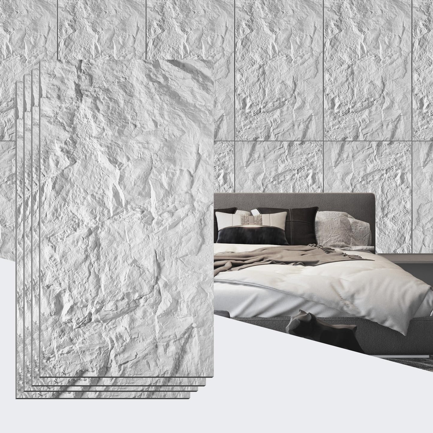 VESLARA 4 PCS Faux Stone Wall Panel 43.3’’ x 23.6’’ PU Wainscoting Panel with Mountain Rock Design 3D Wall Panel for Interior Wall Decor Bedroom Living Room Office White