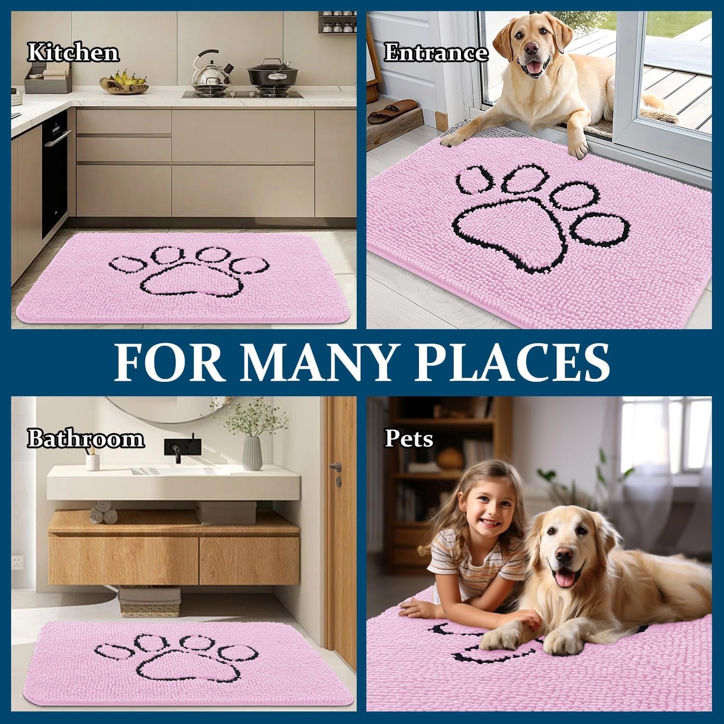 OLANLY Dog Door Mat - Absorbent Non-Slip Mud Mat for Paws | Quick Dry Chenille, 48x30, Pink