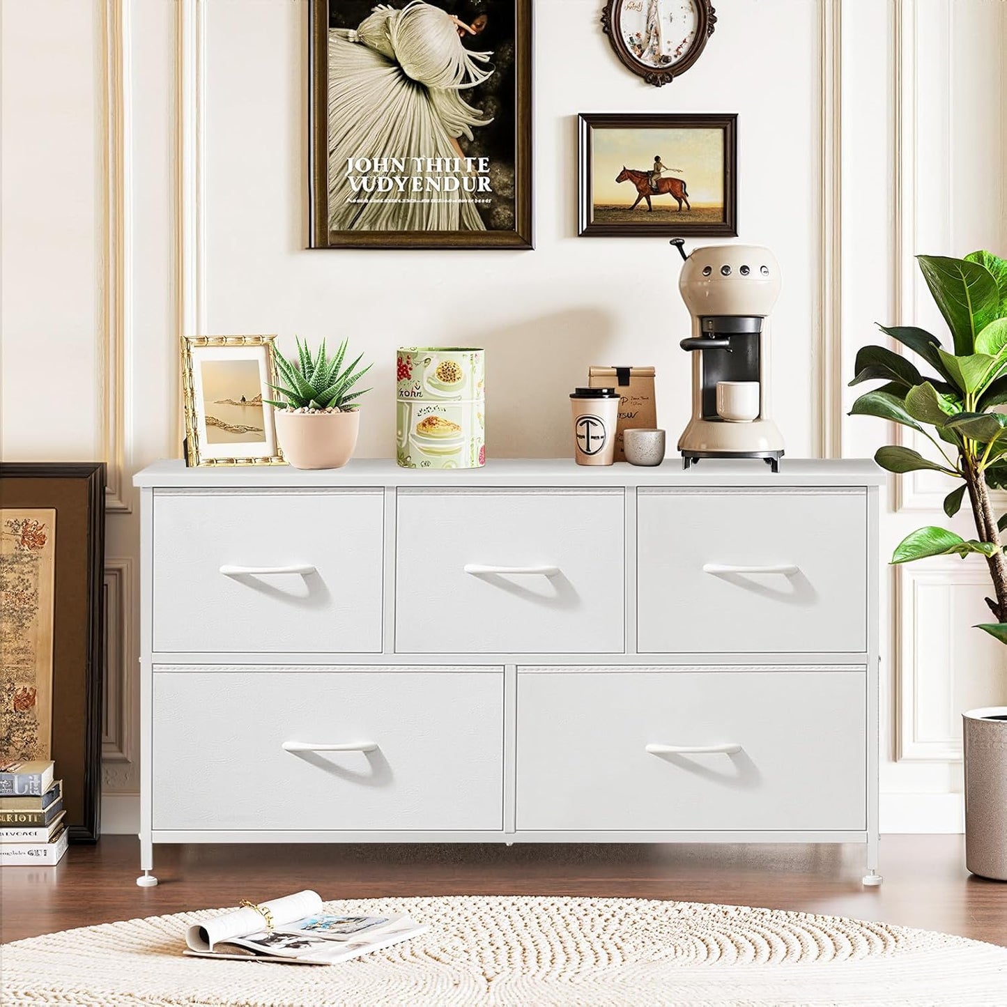 Regine Switzerland 5-Drawer Dresser - Anti-Tip Fabric Storage Organizer with Wooden Top | White Finish for Bedroom & Living Room
