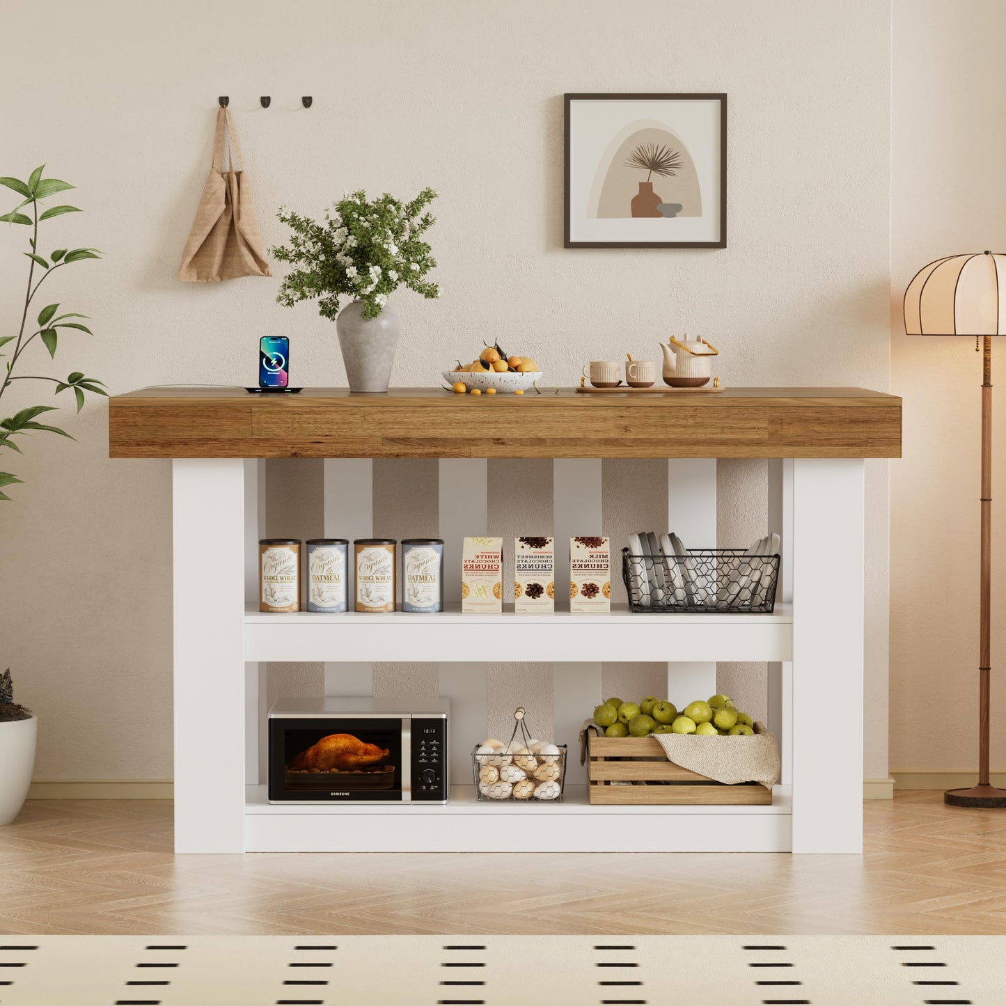 PAKASEPT 55" Kitchen Island with Storage, 3-Tier Farmhouse Wood Island Table with Power Outlets,Shelves for Kitchen, Dining Table for 4,Dining Room,Living Room,Home Bar,White