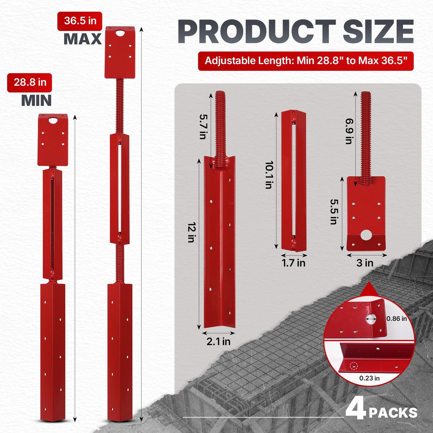 Chonway 4PCS Concrete Turnbuckle Form Aligner 28.8" - 36.5" Adjustable Wall Brace Solid-State Welding Concrete Tools with 3" X 5.5" Bent Plate Wall Plate for Wall & Beam Alignment Concrete Forms