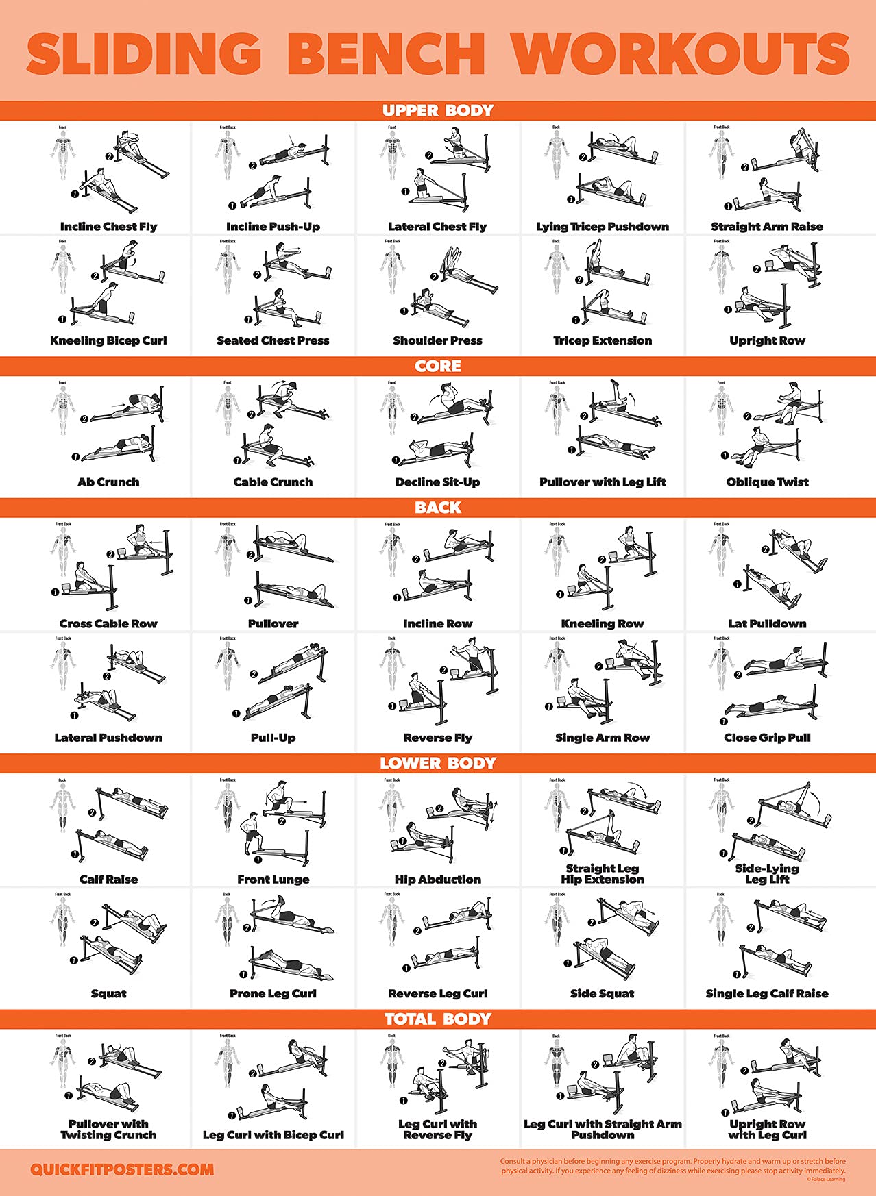 Palace Learning Sliding Bench Workout Poster - Compatible with Total Gym, Weider Ultimate Body Works - Incline Bench Exercise Chart [LIGHT] (LAMINATED, 18” x 24”)