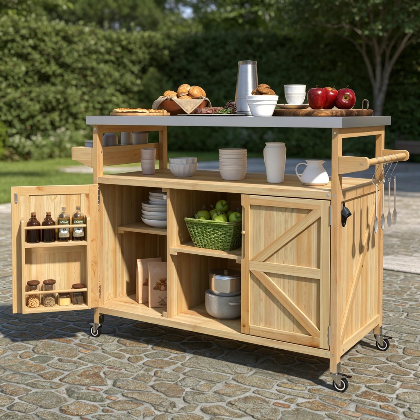 DFCHLDA Outdoor Kitchen Island Rolling Bar Cart & Storage Cabinet, Farmhouse Solid Wood Grill Table with Stainless Steel Top, Spice Rack & Towel Rack for Kitchen & BBQ(Natural, 50.25inch)