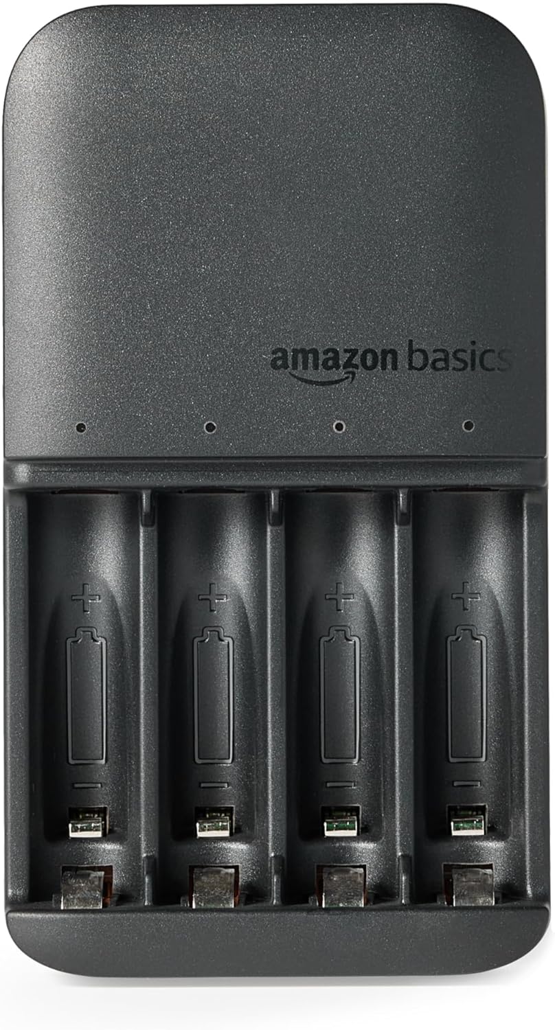 Amazon Basics 4-Bay 4 Count, Battery Charger for AA & AAA Rechargeable Batteries with Pre-Charged AA NiMh Batteries