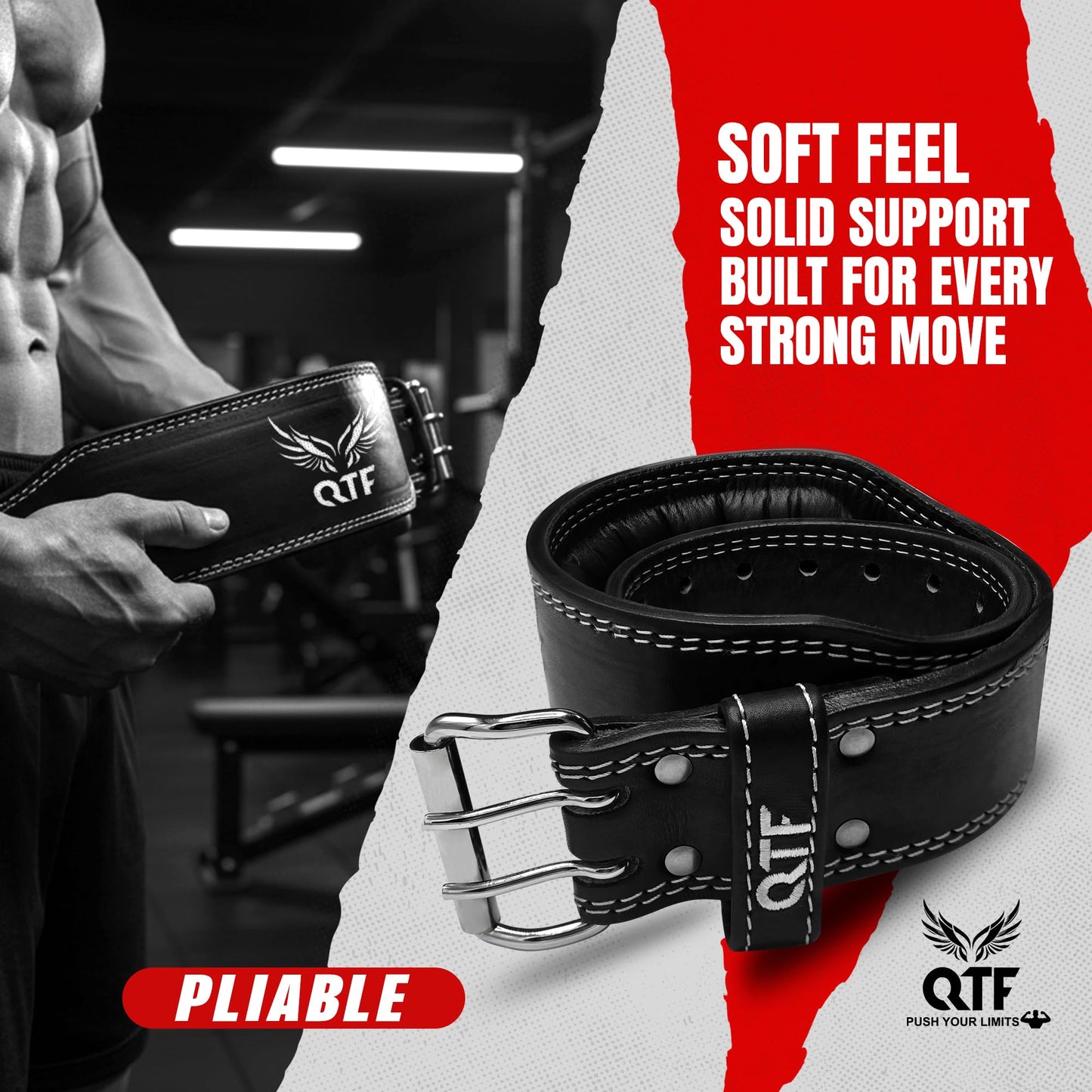 QTF Weight Lifting Belt Gym Exercise Workout, 4 inch Leather Padded Lumbar Back Support Men Women, 9 double Adjustable Holes, Powerlifting Bodybuilding Deadlift, Squat Fitness Strength Training Belt (Power-Belt, Small)