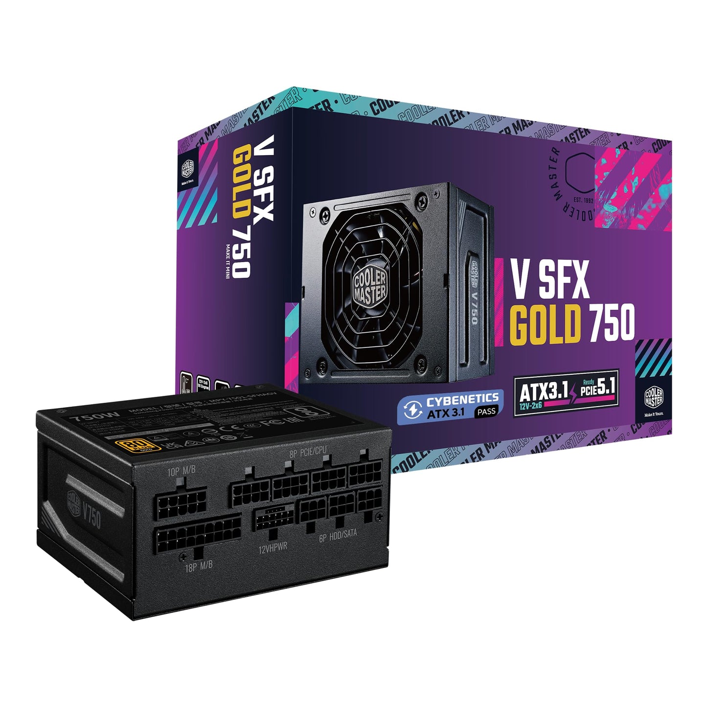 Cooler Master V750 SFX Gold 750W Small Form Factor PSU ITX SFF Power Supply, Fully Modular, 80 Plus & Cybenetics Gold Certified, ATX 3.1, PCIe 5.1 Ready, 90° 12VHPWR Cable, 10-Year Warranty, Black