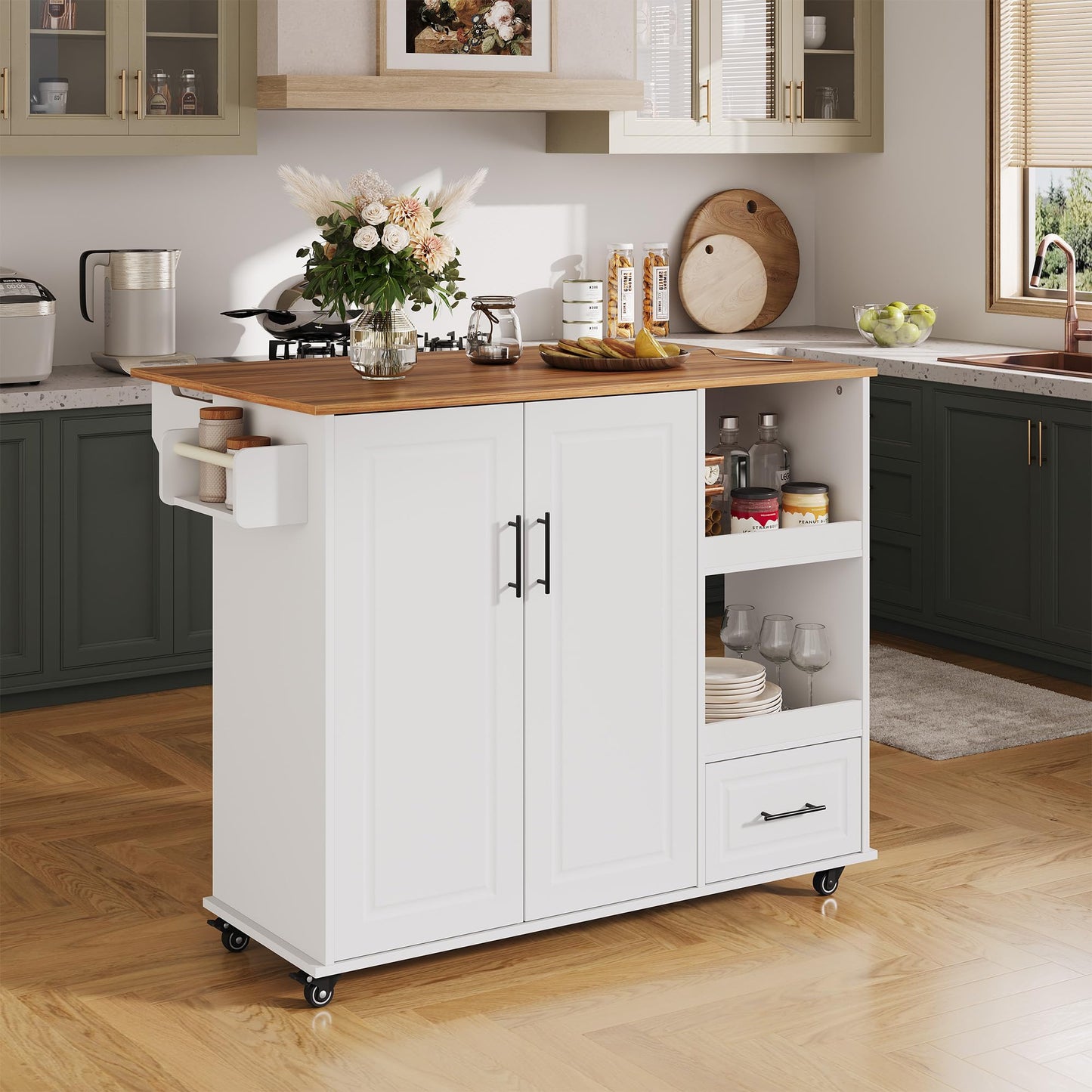 Garvee Rolling Kitchen Island on Wheels, 48'' Mobile Kitchen Cart with Drop Leaf, Butcher Block Island with Open Shelf, Drawer, Spice Rack, Wood Top, and Lockable Wheels