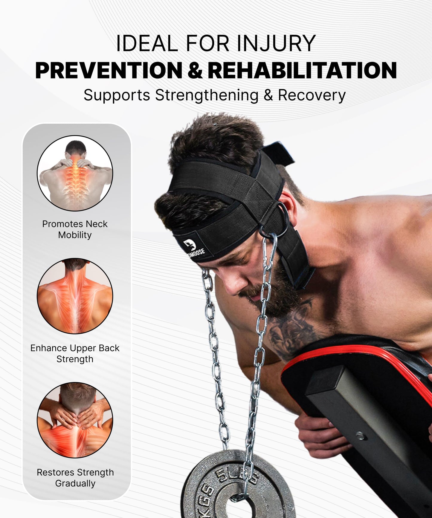 DMoose Fitness Neck Harness for Weight Lifting - Soft Padded Head & Chin Strap with 30" Heavy Duty Steel Chain - Neck Exerciser, Trainer & Strengthener to Support Injury Recovery (Black)