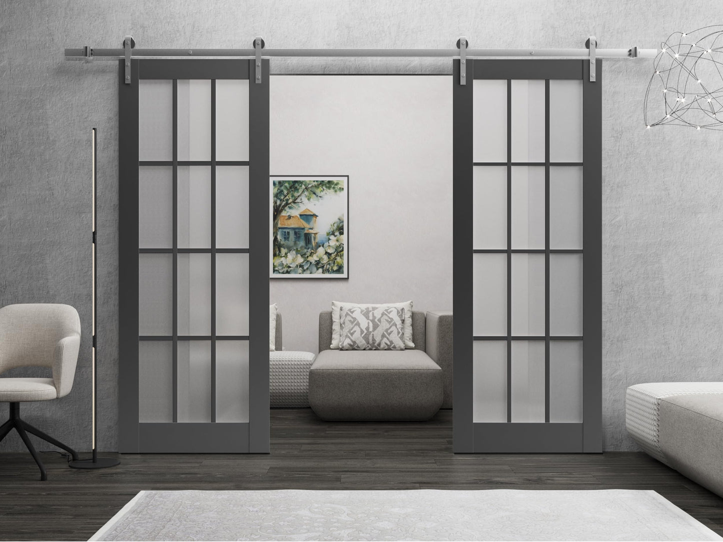SARTODOORS Sturdy Double Barn Door with Frosted Glass 12 Lites | Felicia 3312 Matte Black | 13FT Rail Hangers Heavy Set | Solid Panel Interior Doors-56" x 84" (2 * 28x84)-Silver Rail